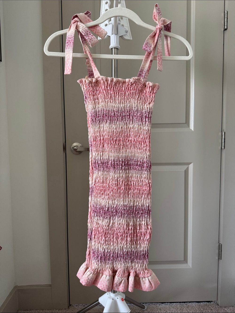 Pink Smocked Tie-Shoulder Dress